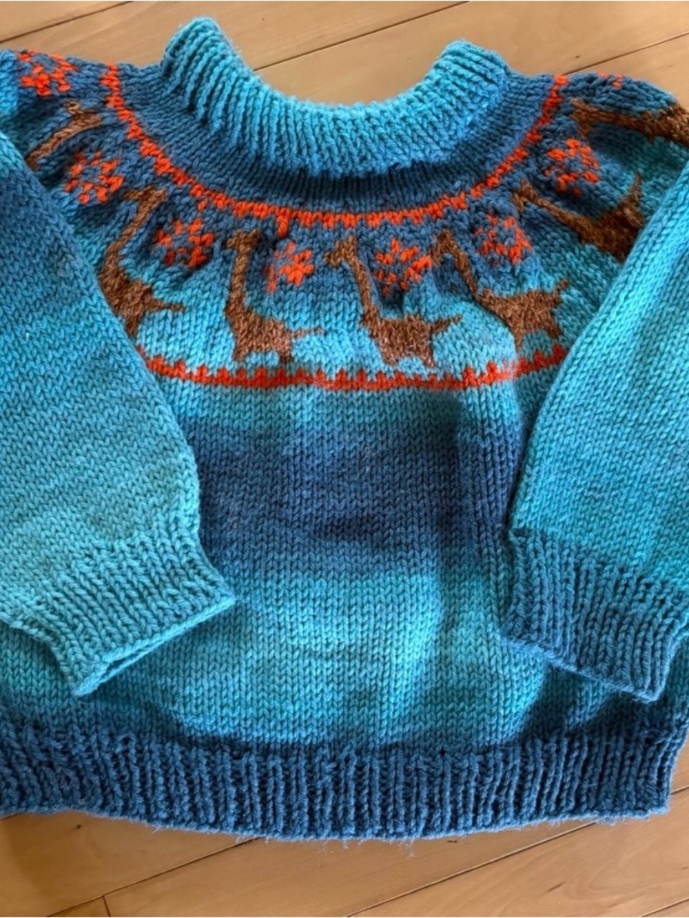 Handknit Teal Fair Isle Sweater with Brown Dinos